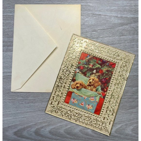 Christmas Greeting Card Cocker Spaniel Dogs Metallic Gold Frame Unused Vintage - Picture 4 of 7